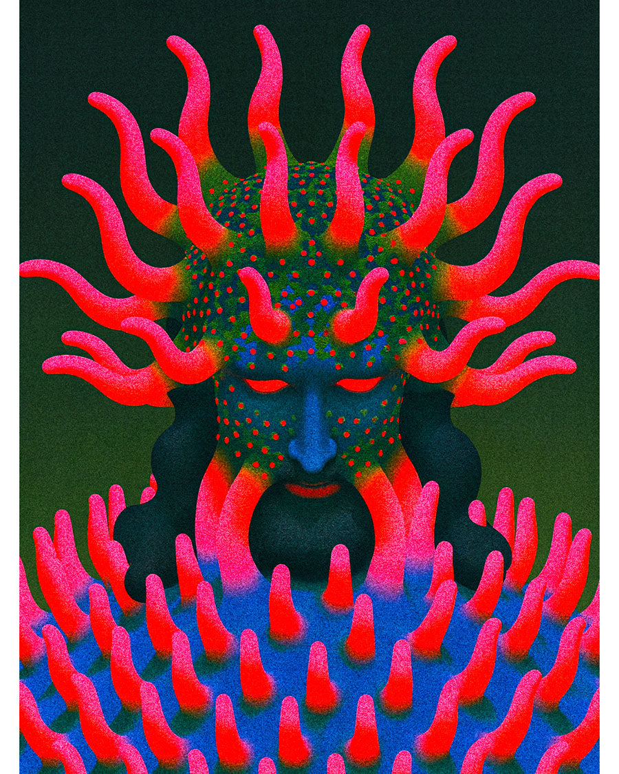 Overgrowth surreal art print featuring a blue-faced figure with bright pink branching growths extending from the head and body against a dark green background.