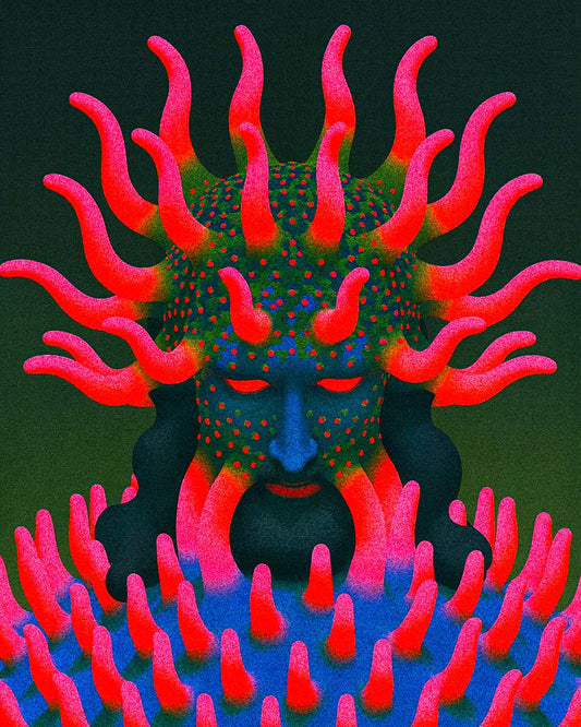 Overgrowth surreal art print featuring a blue-faced figure with bright pink branching growths extending from the head and body against a dark green background.