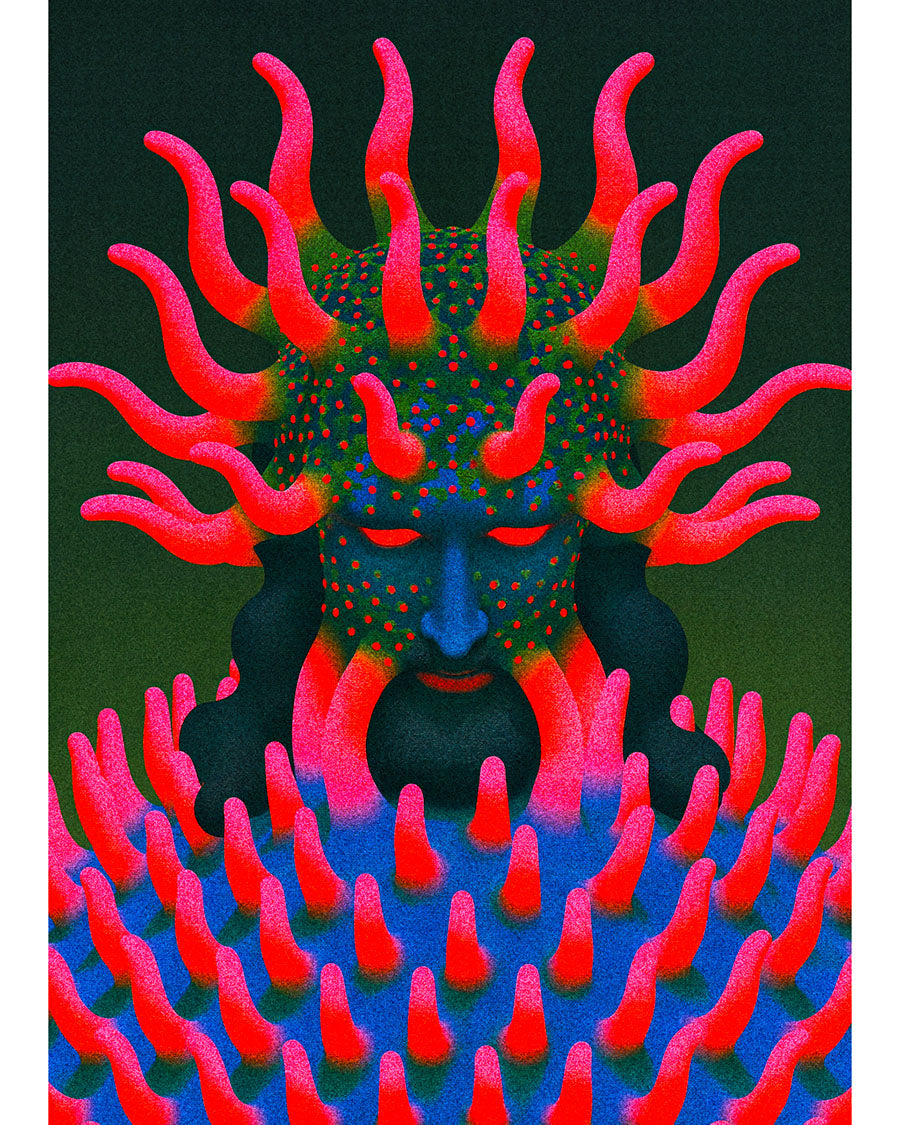 Overgrowth surreal art print featuring a blue-faced figure with bright pink branching growths extending from the head and body against a dark green background.