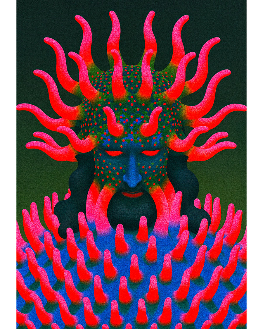 Overgrowth surreal art print featuring a blue-faced figure with bright pink branching growths extending from the head and body against a dark green background.