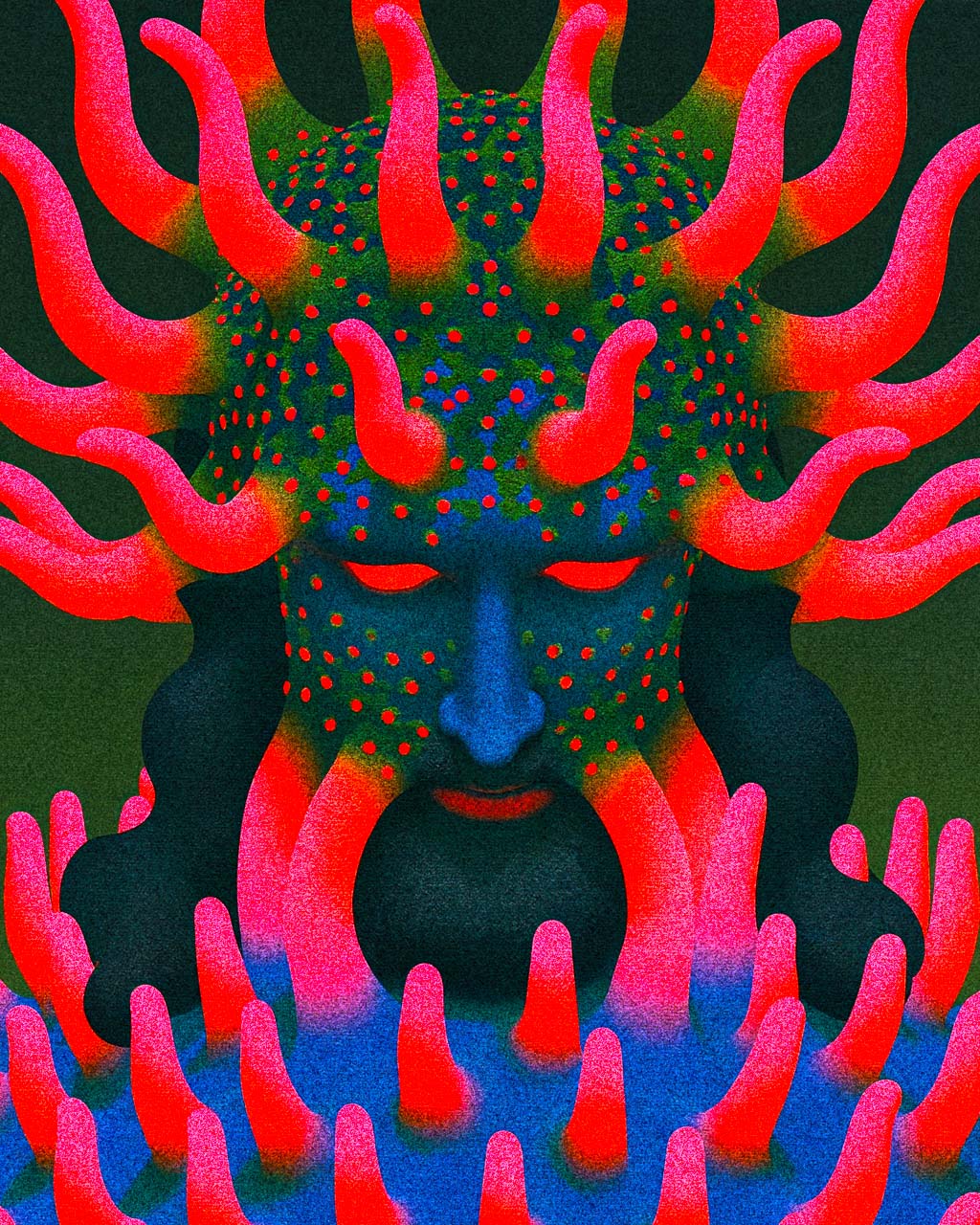 Close-up of Overgrowth art print showing the figure's blue face, red eyes, spotted green skin and fluorescent pink organic growths with a grainy texture.