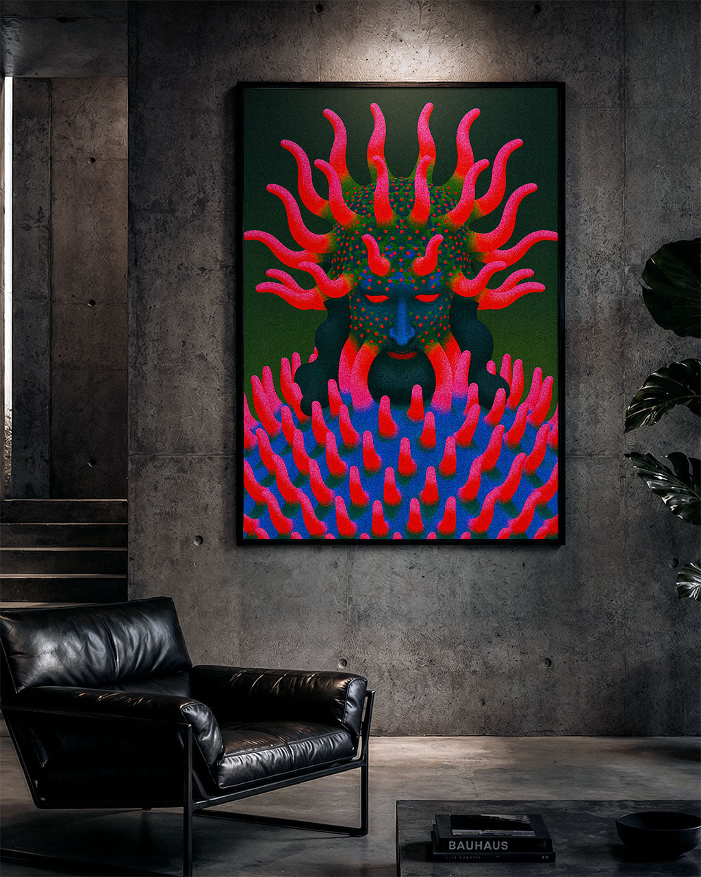 Large Overgrowth surreal art print displayed in a black frame on a concrete wall above a black leather armchair in a dark industrial-style interior.