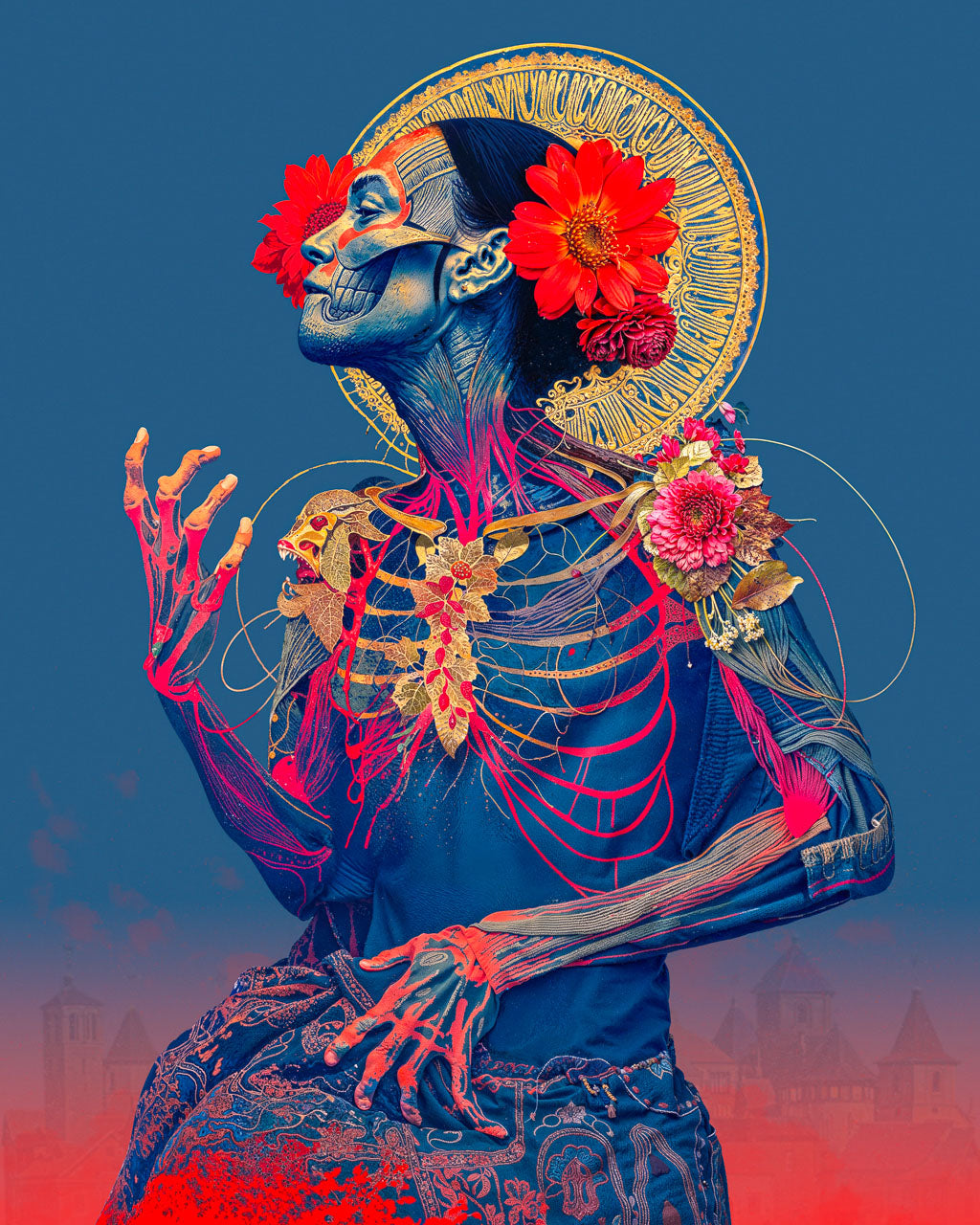 Surreal portrait of a woman with exposed red veins, skeletal facial details, large red flowers in her hair and a golden halo behind her head against a blue background.