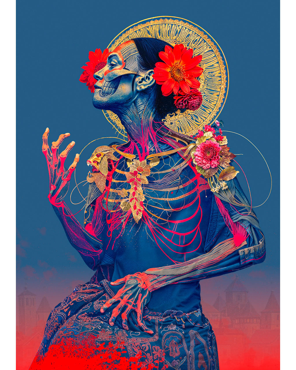 Surreal portrait of a woman with exposed red veins, skeletal facial details, large red flowers in her hair and a golden halo behind her head against a blue background.
