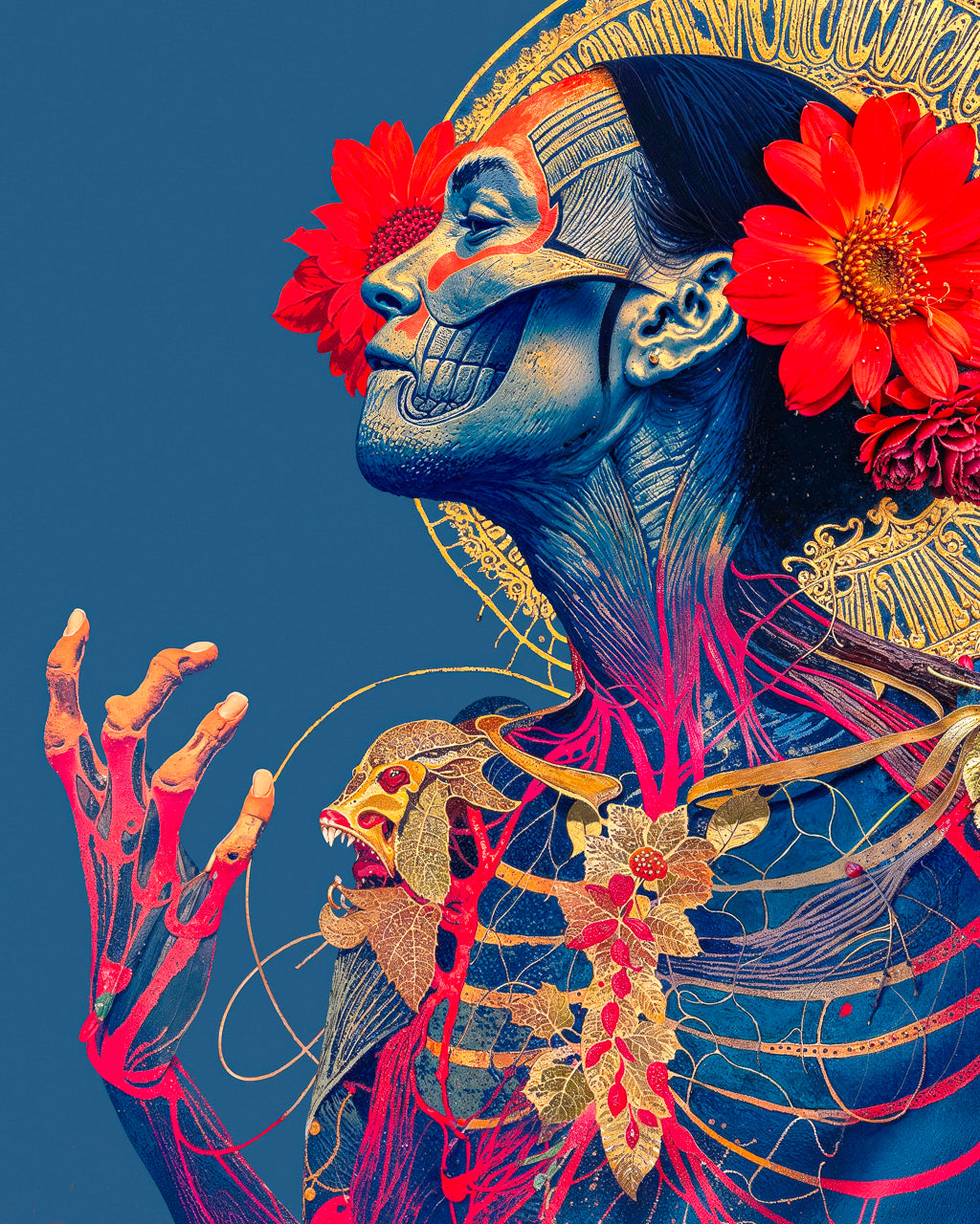 Close-up detail of the woman’s face with skeletal markings, red flower in her hair and visible neck anatomy against a blue background.