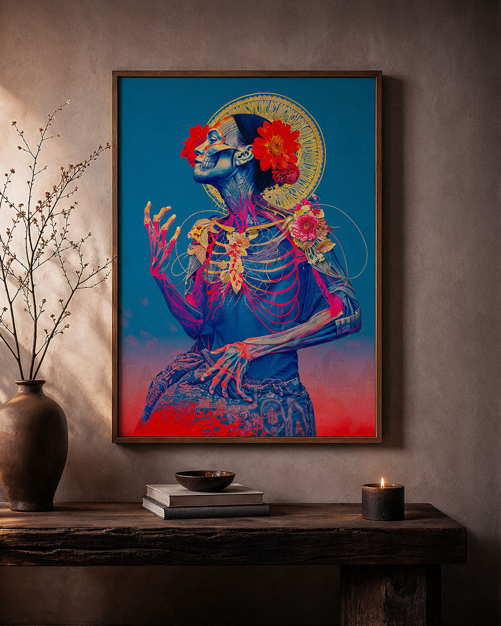 Framed surreal portrait poster hanging on on the wall in a moody interior.