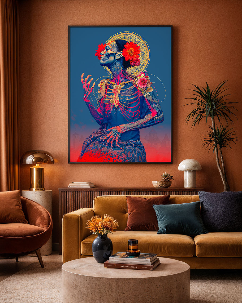 Framed surreal portrait poster hanging on a warm-toned living room wall above a mustard sofa with plants and modern decor.