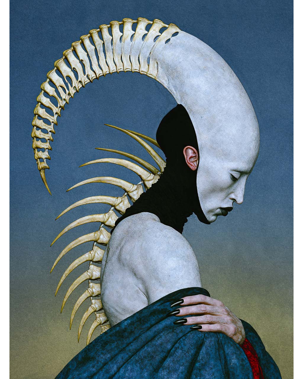 Pleroma surreal art print featuring a pale, downward-facing figure with an enormous curved skeletal structure extending from its head and spine, against a muted blue background.