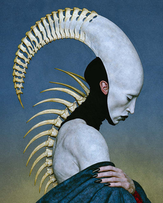 Pleroma surreal art print featuring a pale, downward-facing figure with an enormous curved skeletal structure extending from its head and spine, against a muted blue background.