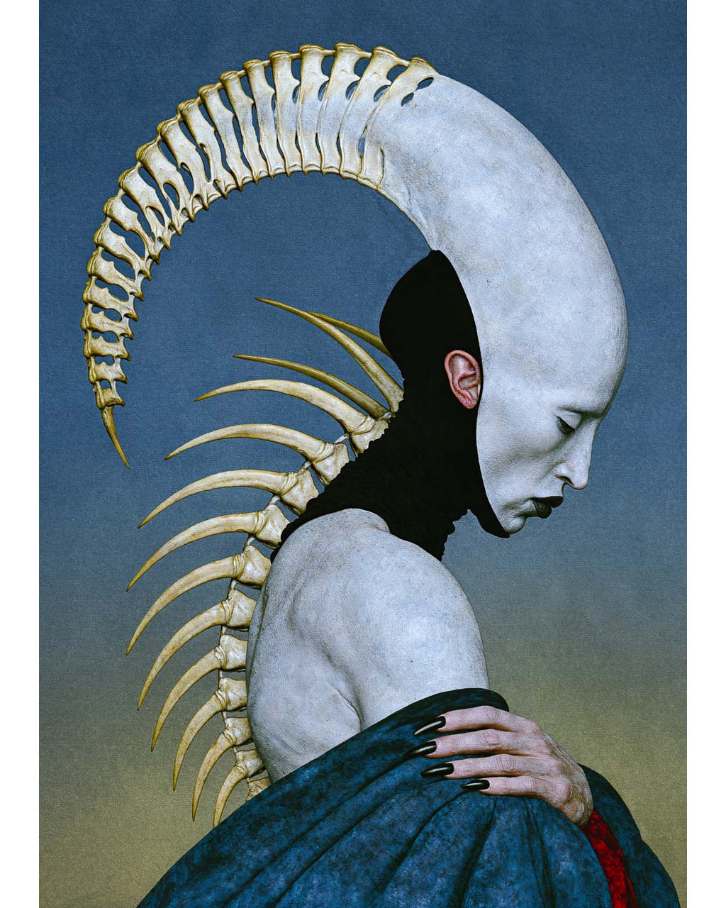 Pleroma surreal art print featuring a pale, downward-facing figure with an enormous curved skeletal structure extending from its head and spine, against a muted blue background.
