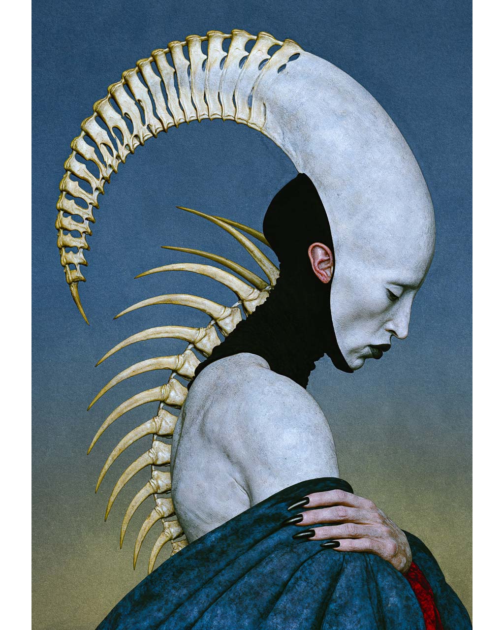 Pleroma surreal art print featuring a pale, downward-facing figure with an enormous curved skeletal structure extending from its head and spine, against a muted blue background.