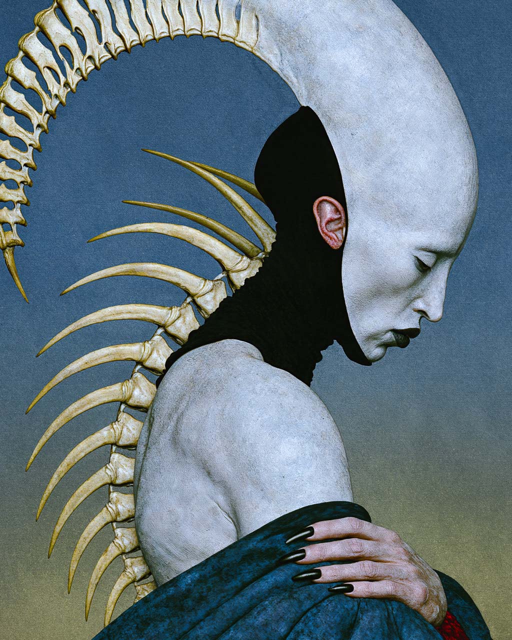 Close-up of Pleroma showing the figure's pale face, black neck, curved bone-like extensions and textured skin, with a hand resting on dark blue fabric.