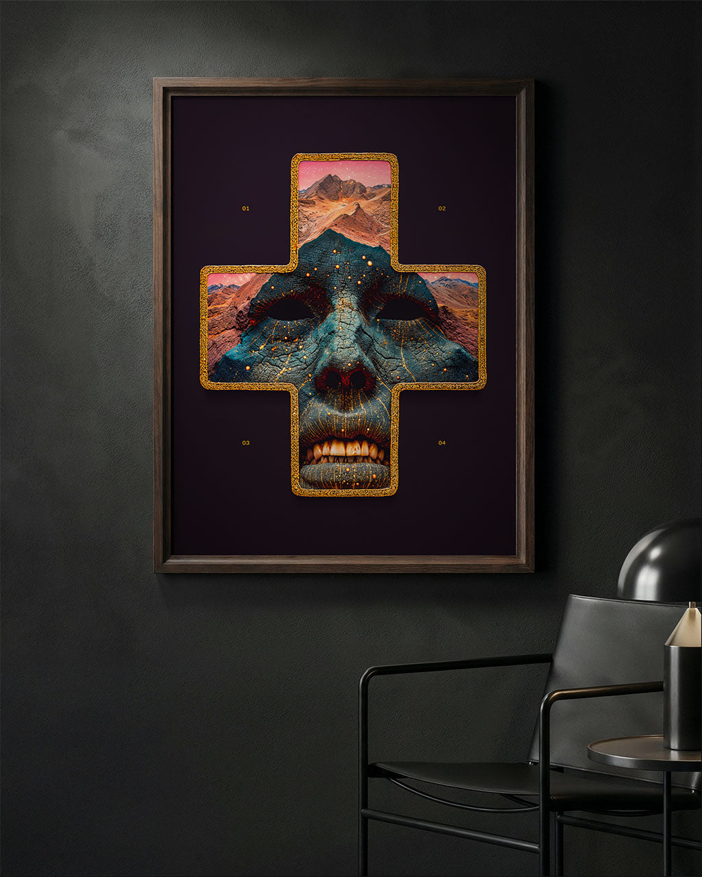 Surreal art poster with a fragmented face hanging on a wall in a modern interior