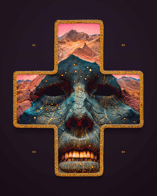 Surreal art poster featuring a cross-shaped design with a face in the center, surrounded by landscapes and textured details.