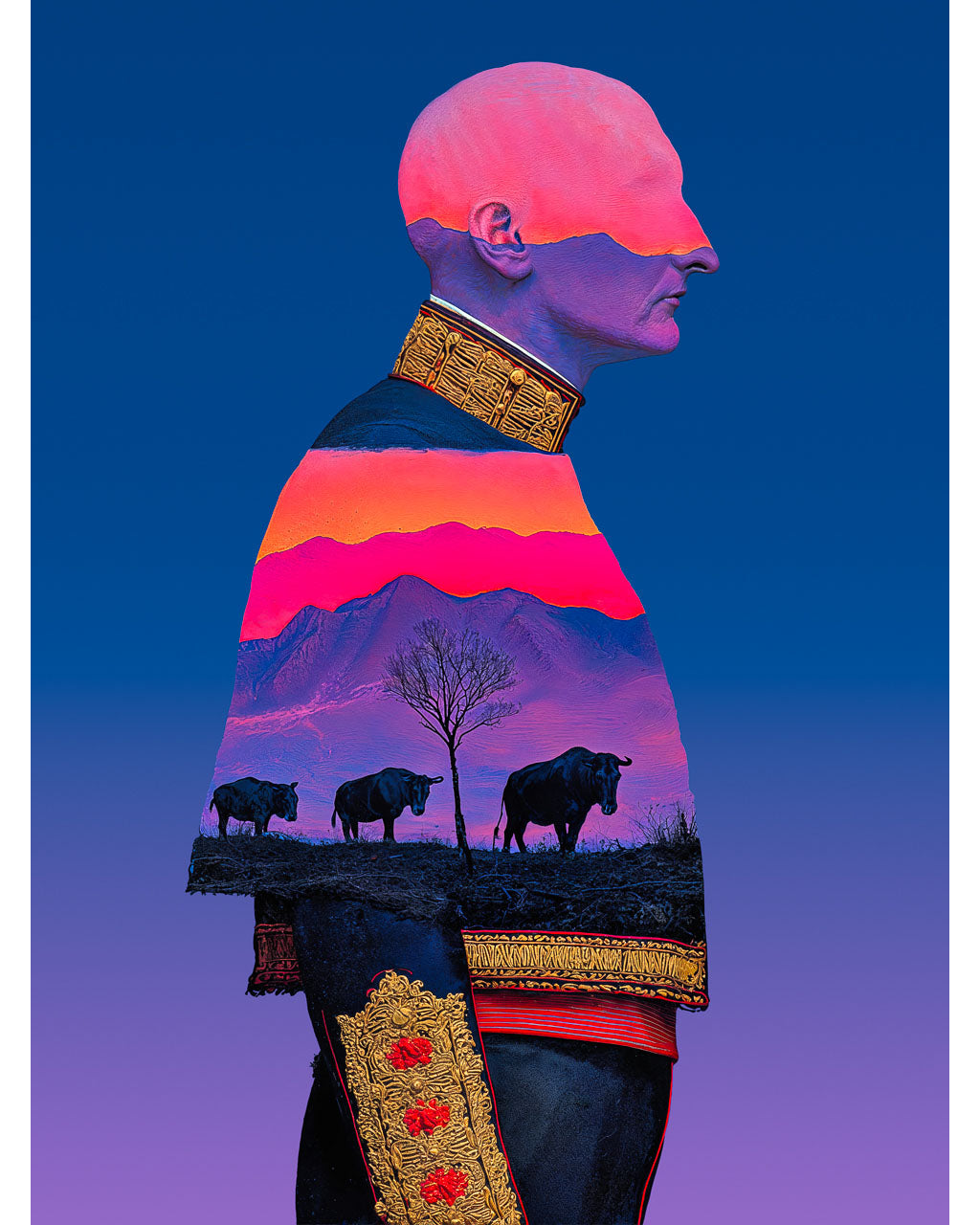 Surreal portrait of a man in profile wearing a decorated dark uniform, with a pink and purple mountain landscape and three bulls layered inside his body against a blue background.