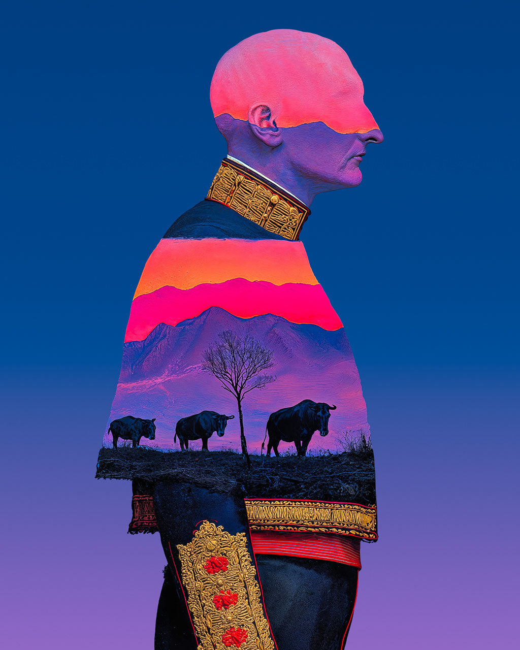 Surreal portrait of a man in profile wearing a decorated dark uniform, with a pink and purple mountain landscape and three bulls layered inside his body against a blue background.