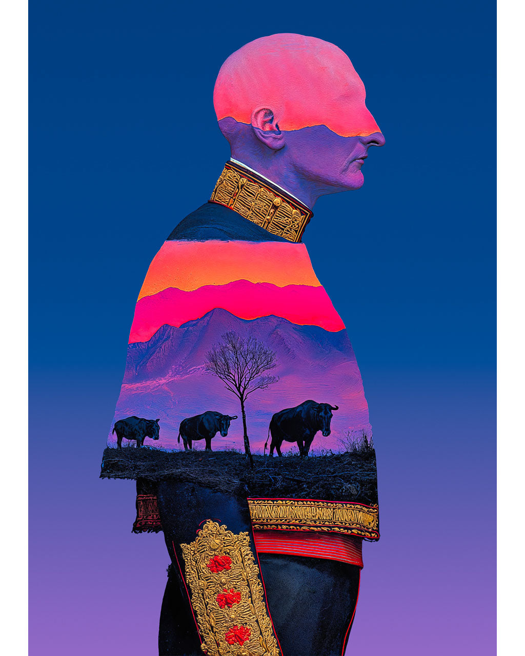 Surreal portrait of a man in profile wearing a decorated dark uniform, with a pink and purple mountain landscape and three bulls layered inside his body against a blue background.