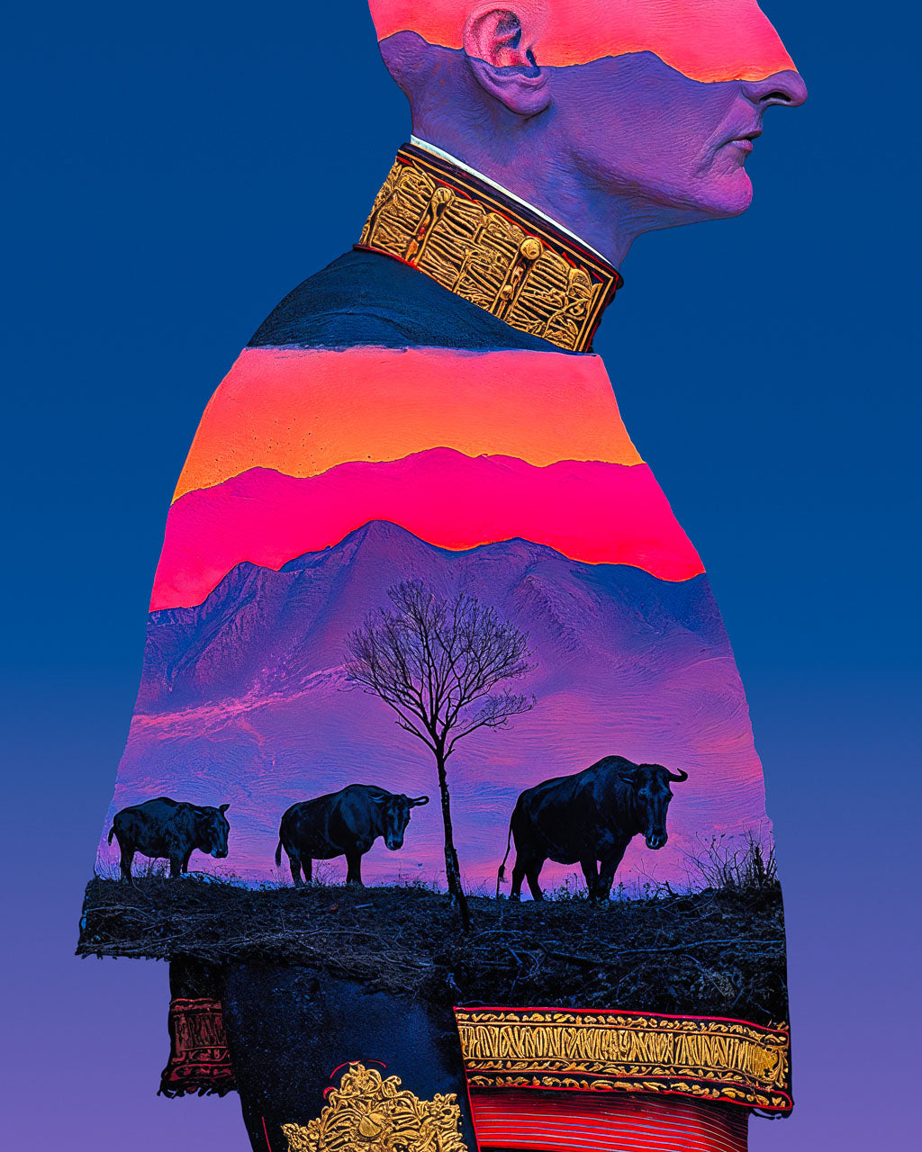 Close-up of the upper half of the portrait showing the man’s profile, ornate collar, pink sky, purple mountains, tree and three bulls within the figure.