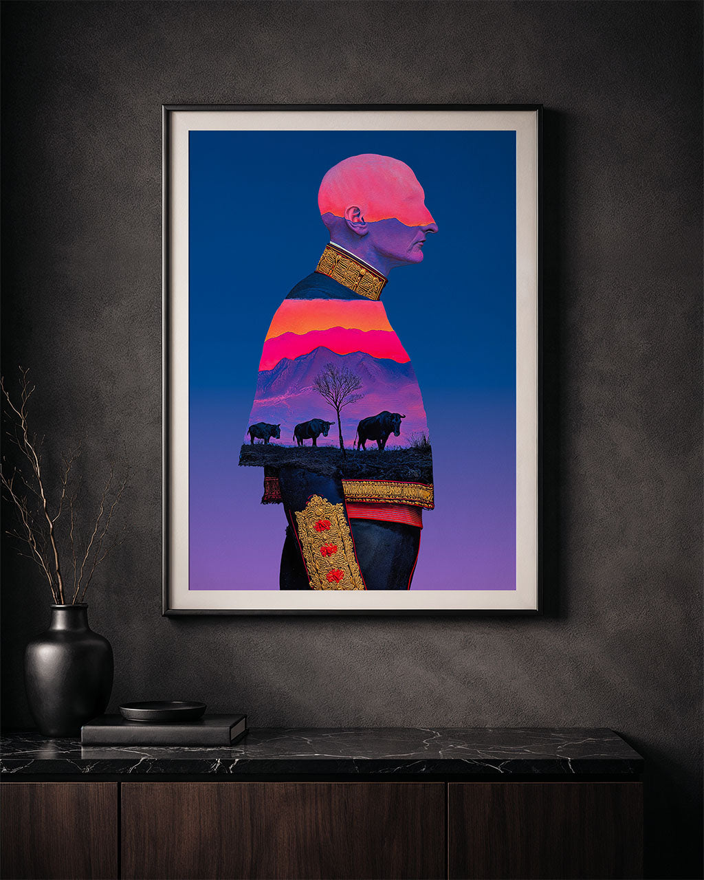 Framed Relic I poster hanging on a dark wall above a wooden cabinet in a moody interior.