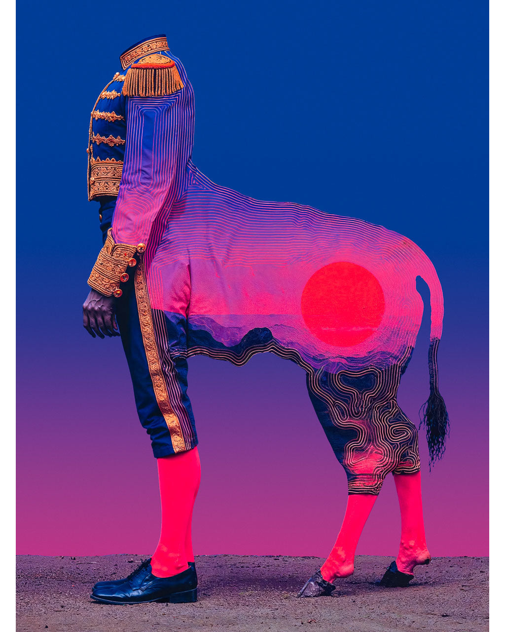 Surreal headless figure in a blue matador style uniform merged with the body of a horse.
