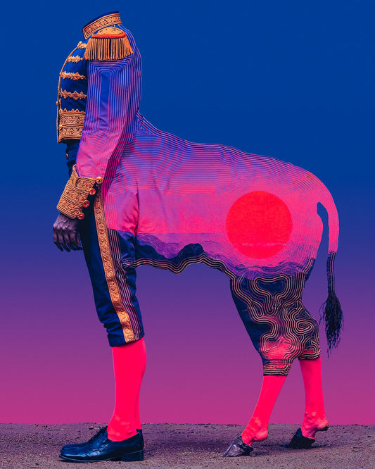 Surreal headless figure in a blue matador style uniform merged with the body of a horse.