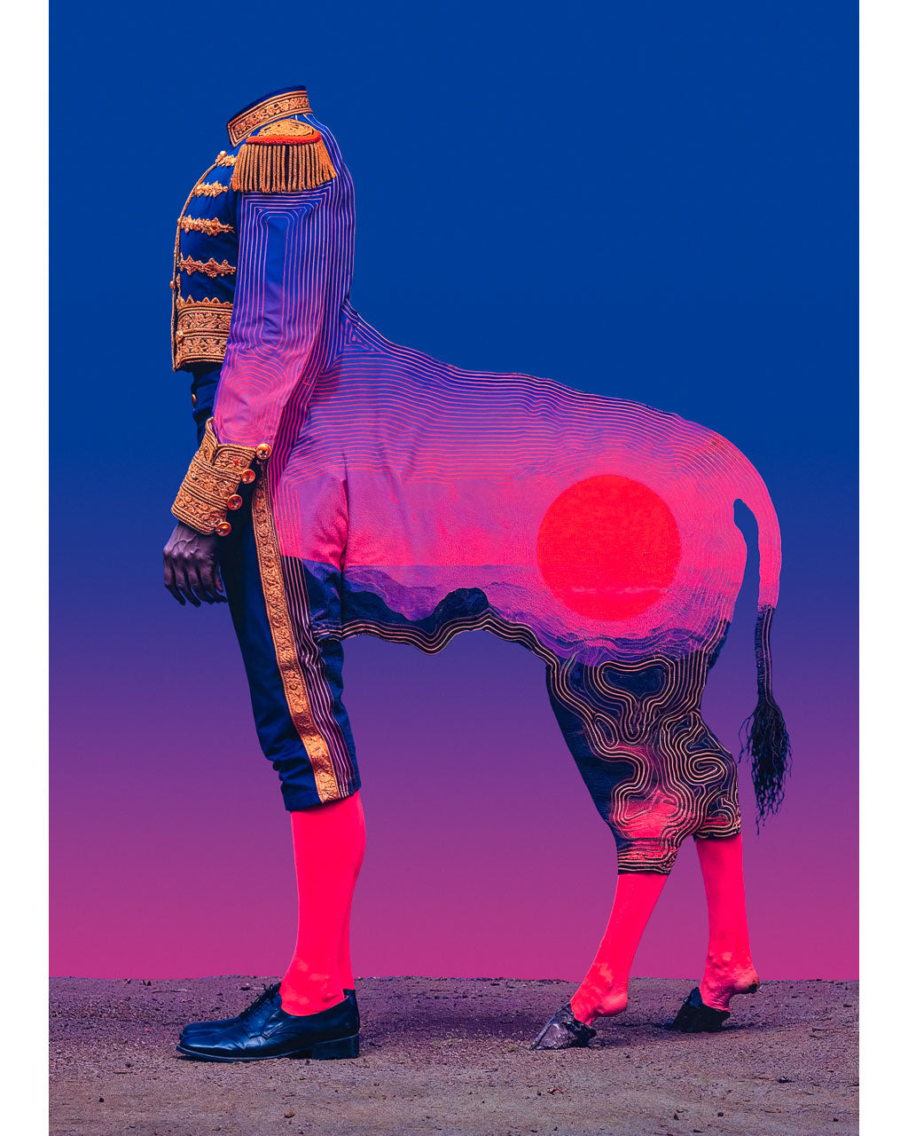 Surreal headless figure in a blue matador style uniform merged with the body of a horse.
