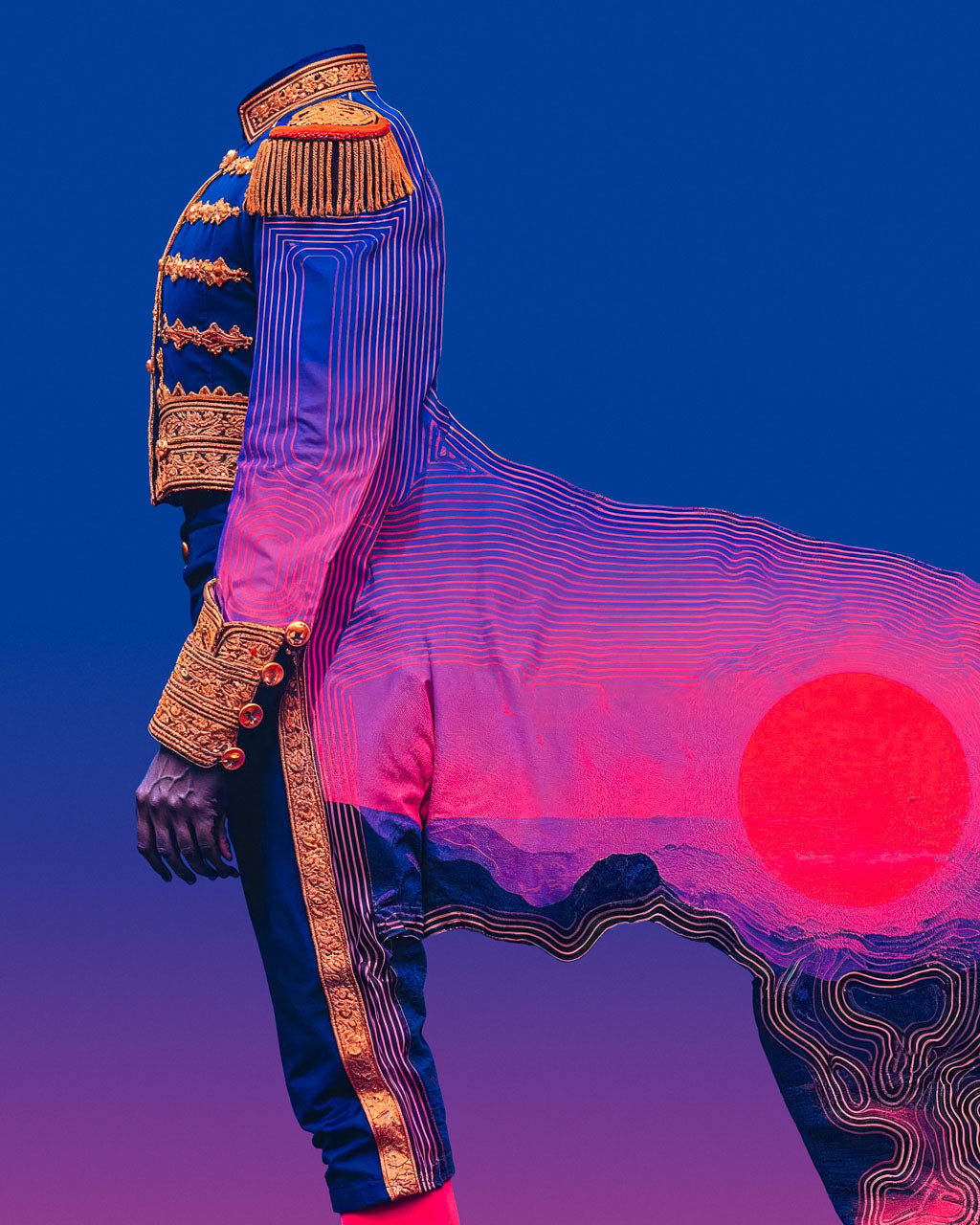 Close-up of the upper half of the artwork showing the ornate uniform, the horse-like body, pink landscape and red sun.