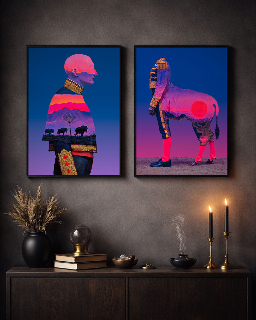 Two framed posters hanging side by side above a dark cabinet in a moody interior, showing Relic I on the left and Relic II on the right.