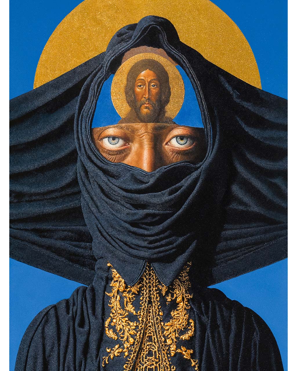Surreal portrait of a veiled figure with blue eyes and a haloed religious face above