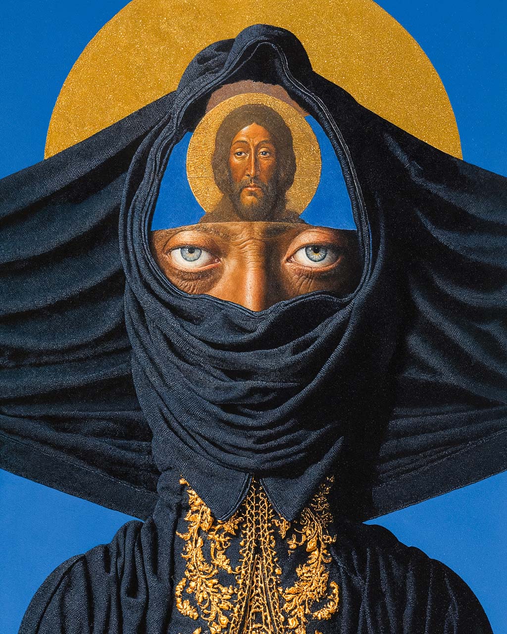 Surreal portrait of a veiled figure with blue eyes and a haloed religious face above