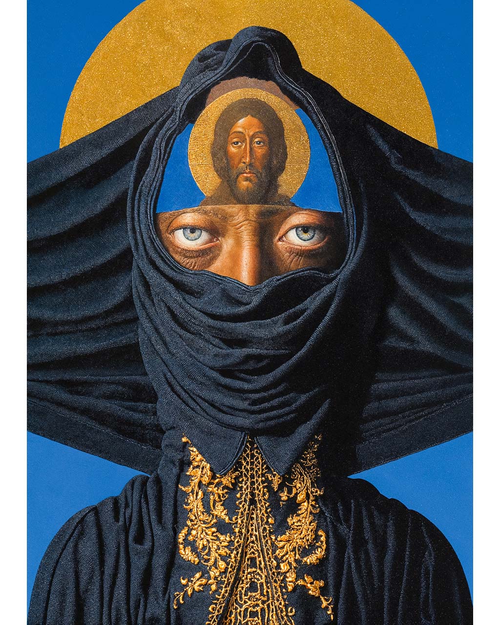 Surreal portrait of a veiled figure with blue eyes and a haloed religious face above