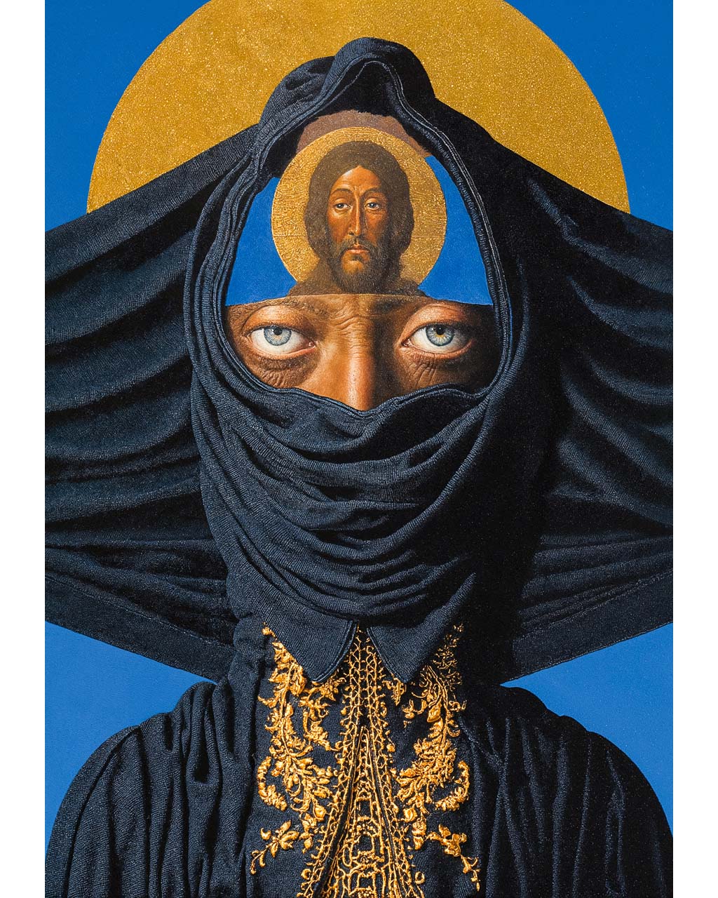 Surreal portrait of a veiled figure with blue eyes and a haloed religious face above