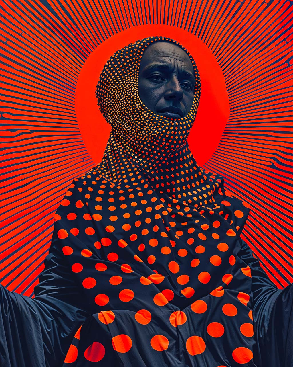 Close crop of the upper part of the poster showing the figure’s face, dotted hood and red halo against blue radiating lines.