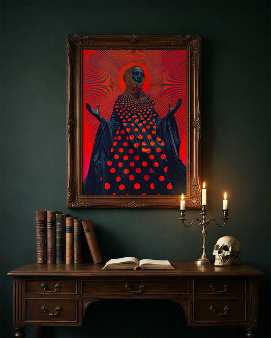 Framed poster of a figure in a dotted dark robe, emitting mystical rays.