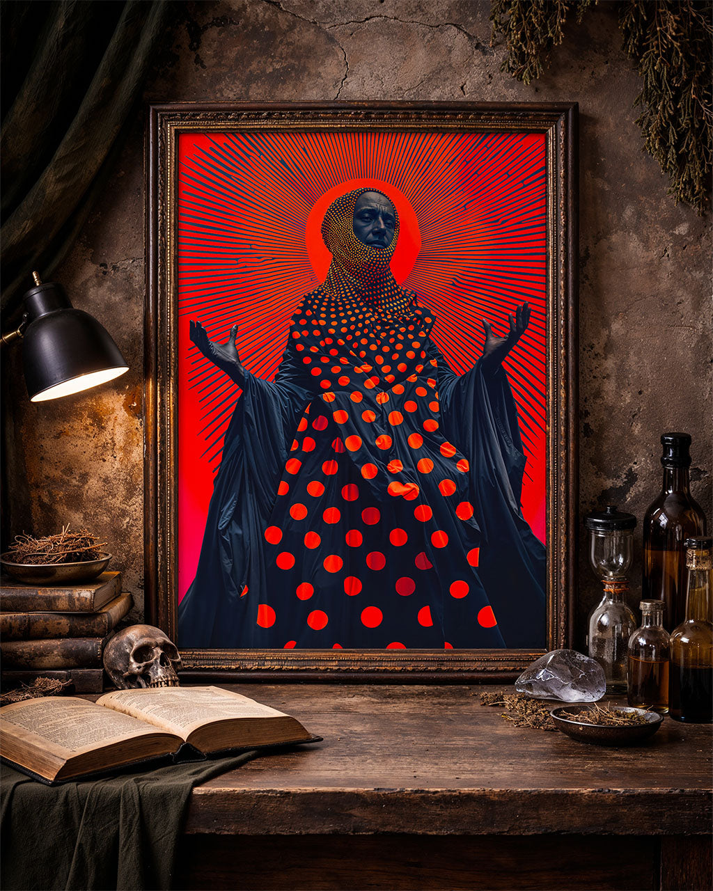 Framed poster of a figure in a dotted dark robe, emitting mystical rays.
