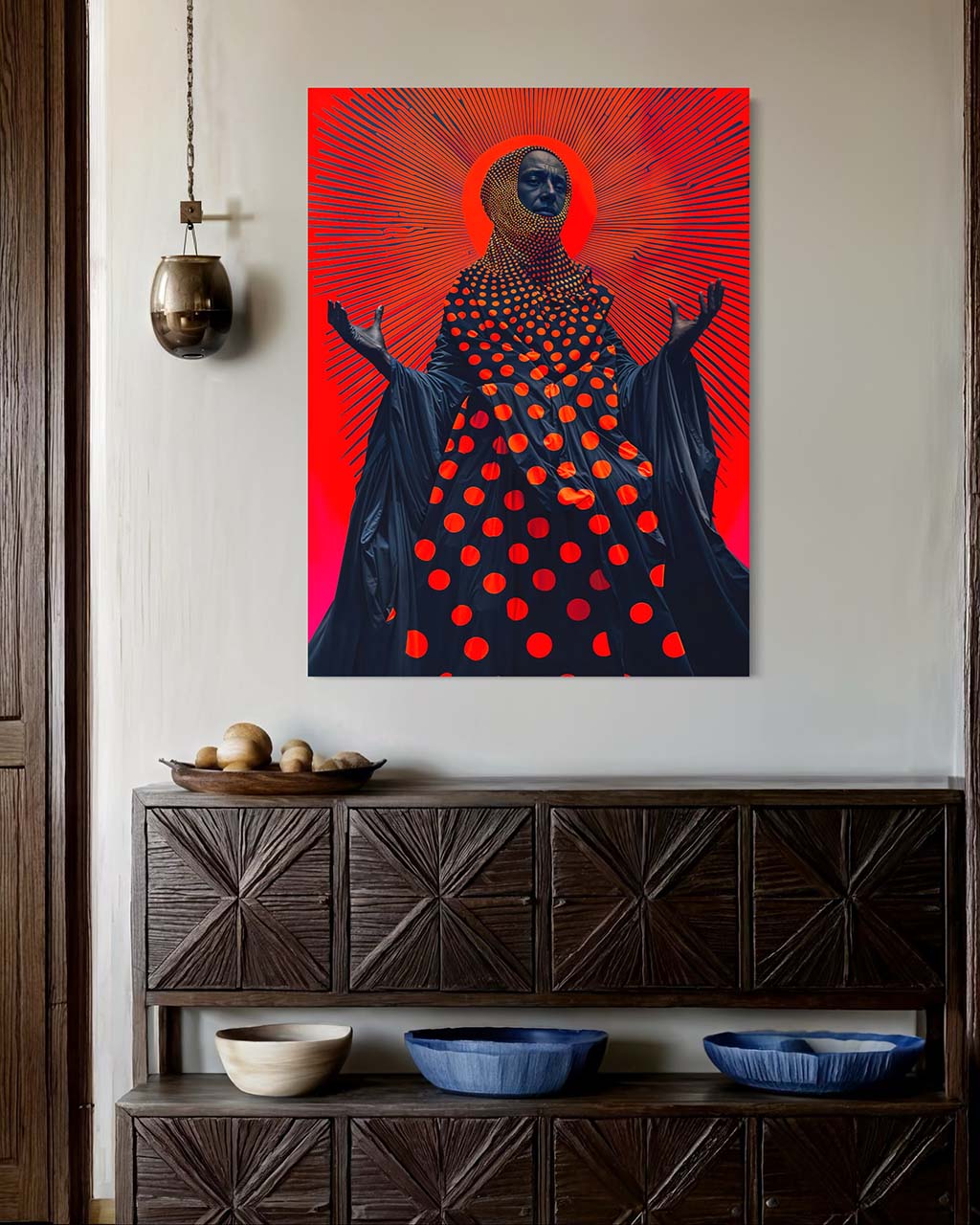 Unframed art poster on the wall. The surreal poster features an esoteric character emitting mystic rays.