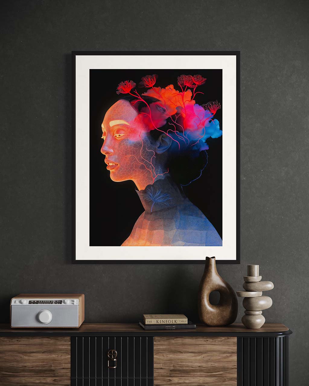 Framed art poster on the wall, depicting ethereal illuminated lady with flowers in her hair.