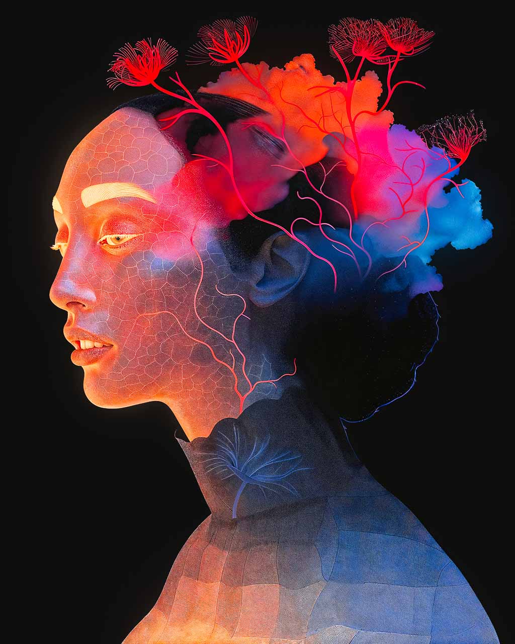 Art poster depicting ethereal illuminated lady with flowers in her hair.