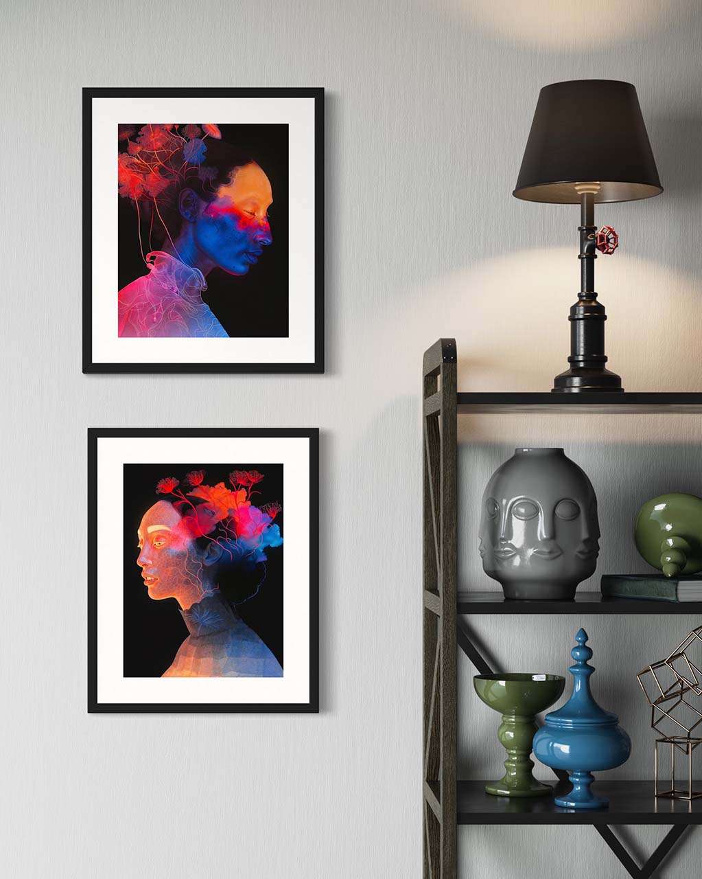 Tow art posters on the wall, both depicting ethereal illuminated ladies with flowers in their hair.