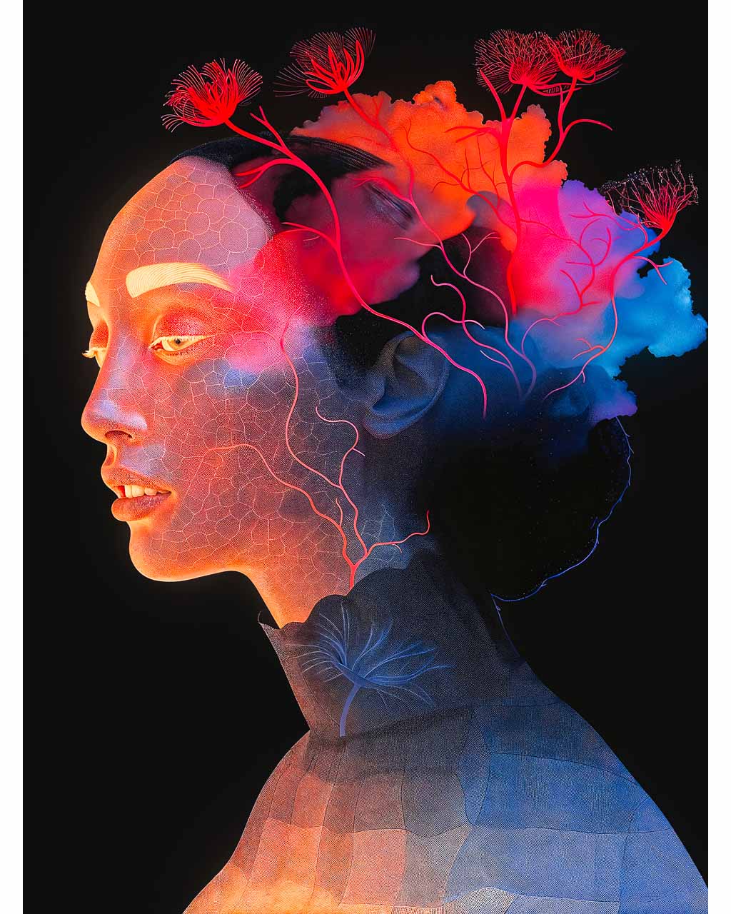 Art poster depicting ethereal illuminated lady with flowers in her hair.