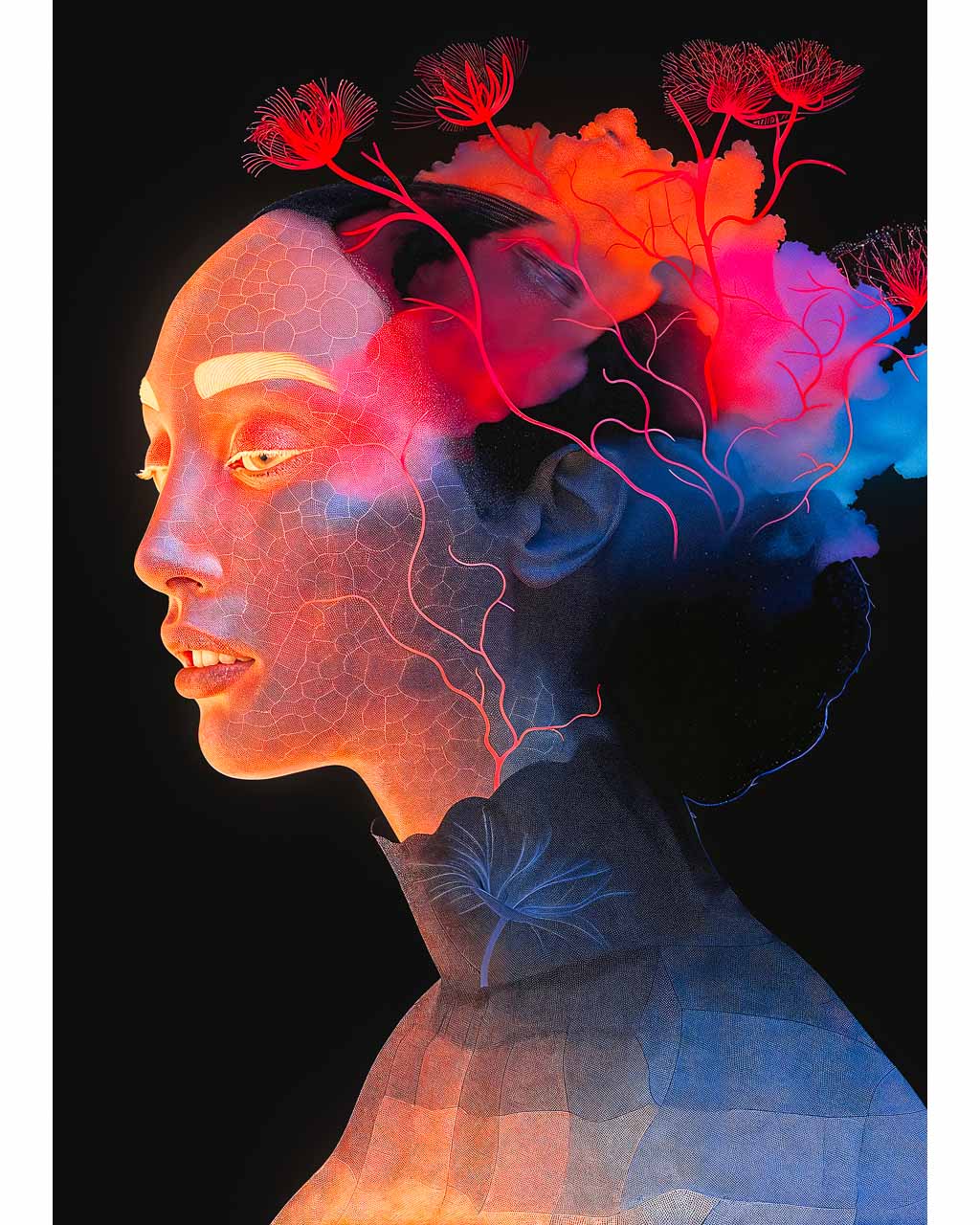 Art poster depicting ethereal illuminated lady with flowers in her hair.