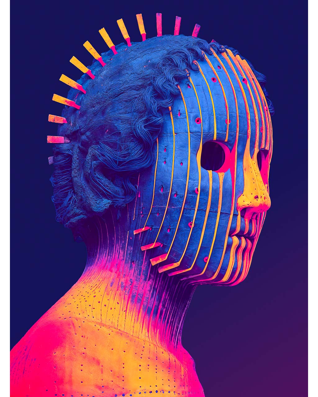 Artistic depiction of a stylized human head with colorful, abstract design on a dark background