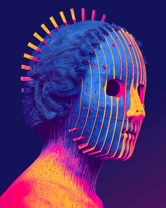 Artistic depiction of a stylized human head with colorful, abstract design on a dark background