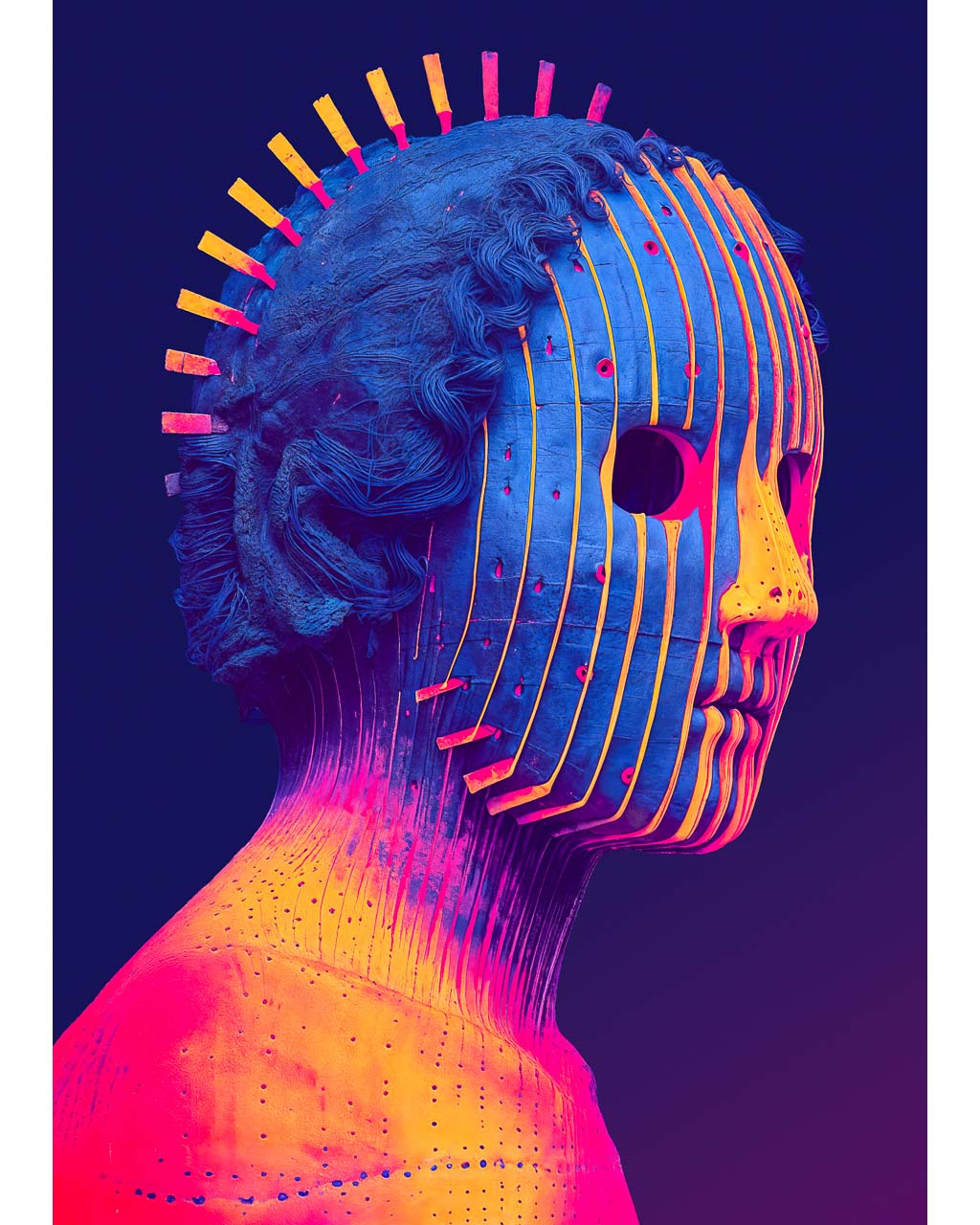 Artistic depiction of a stylized human head with colorful, abstract design on a dark background