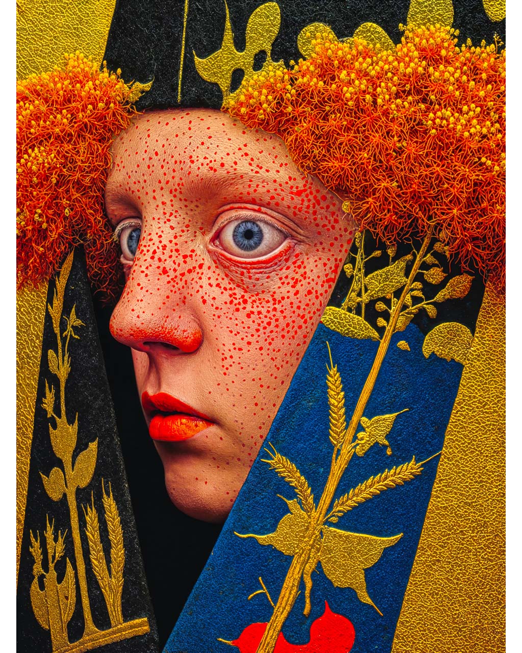 Second Sight surreal art poster featuring a wide-eyed figure framed by vivid orange botanicals and gold details.