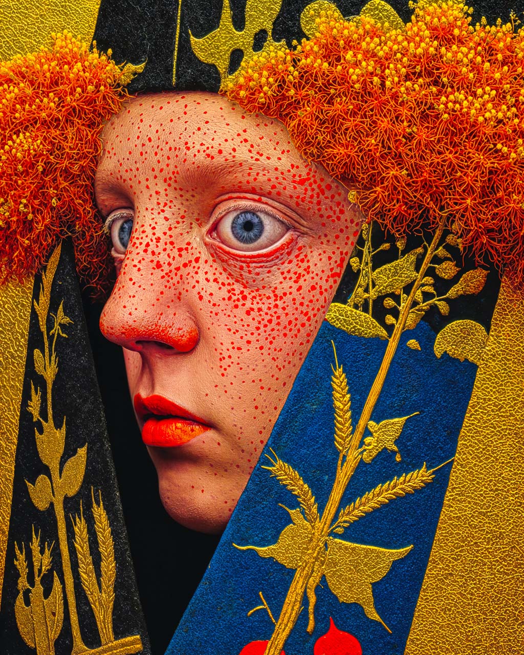 Second Sight surreal art poster featuring a wide-eyed figure framed by vivid orange botanicals and gold details.