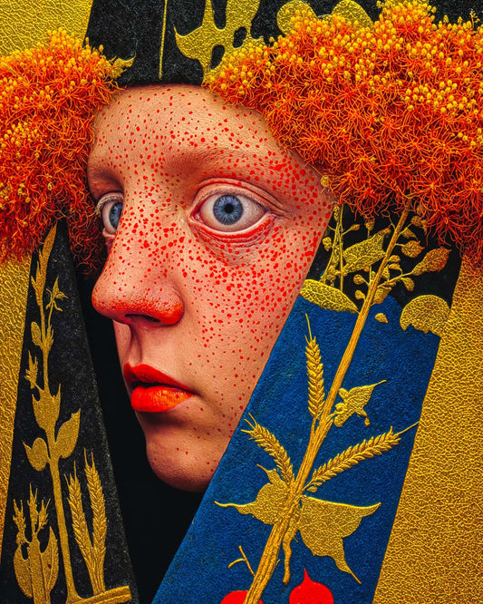 Second Sight surreal art poster featuring a wide-eyed figure framed by vivid orange botanicals and gold details.