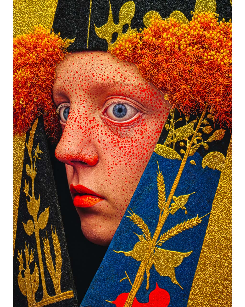 Second Sight surreal art poster featuring a wide-eyed figure framed by vivid orange botanicals and gold details.
