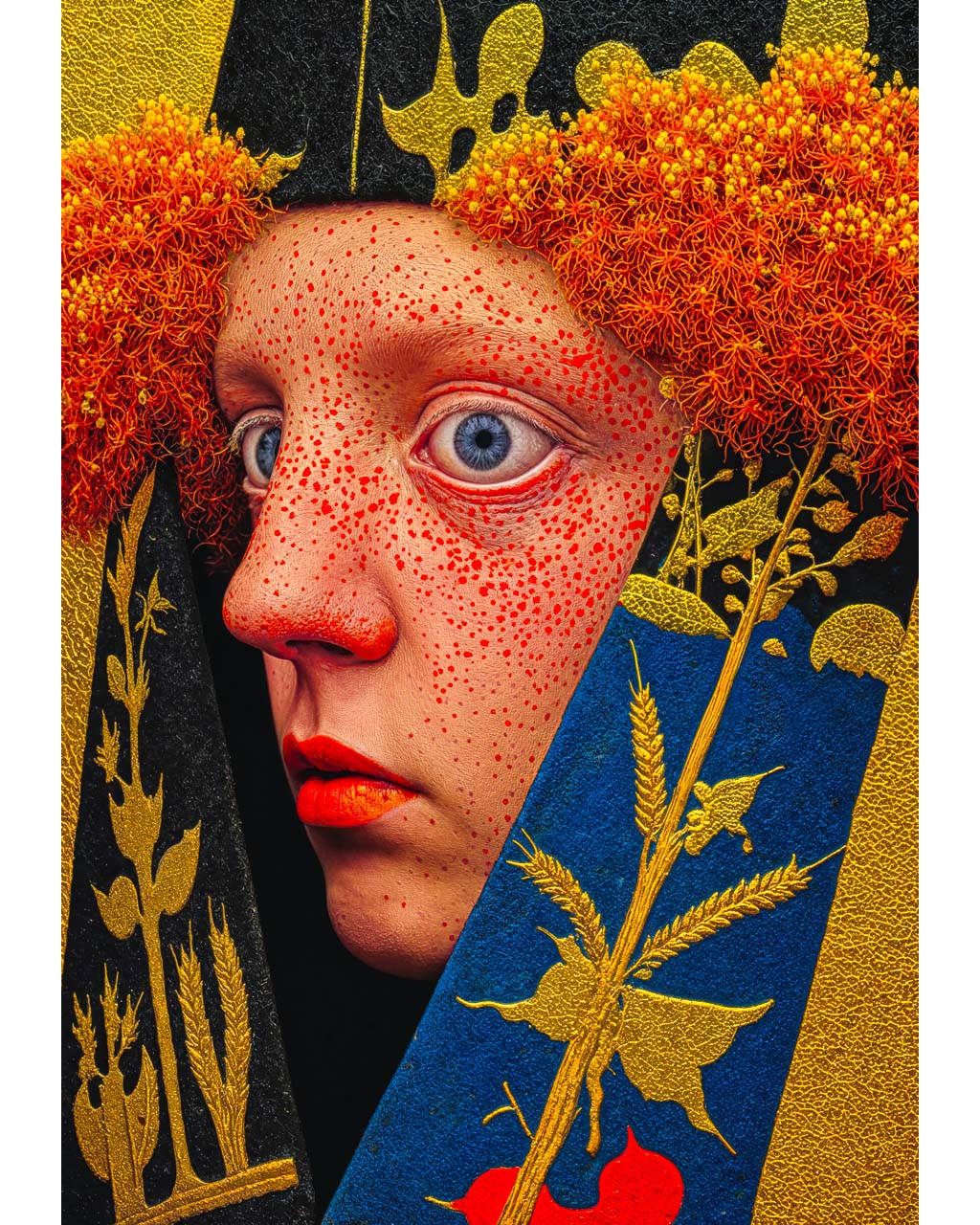 Second Sight surreal art poster featuring a wide-eyed figure framed by vivid orange botanicals and gold details.