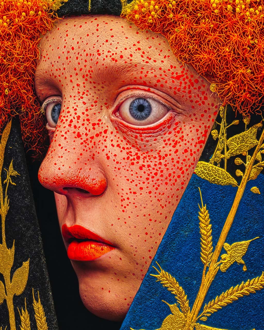 Close-up of Second Sight showing piercing blue eyes, orange floral textures and intricate gold botanical details